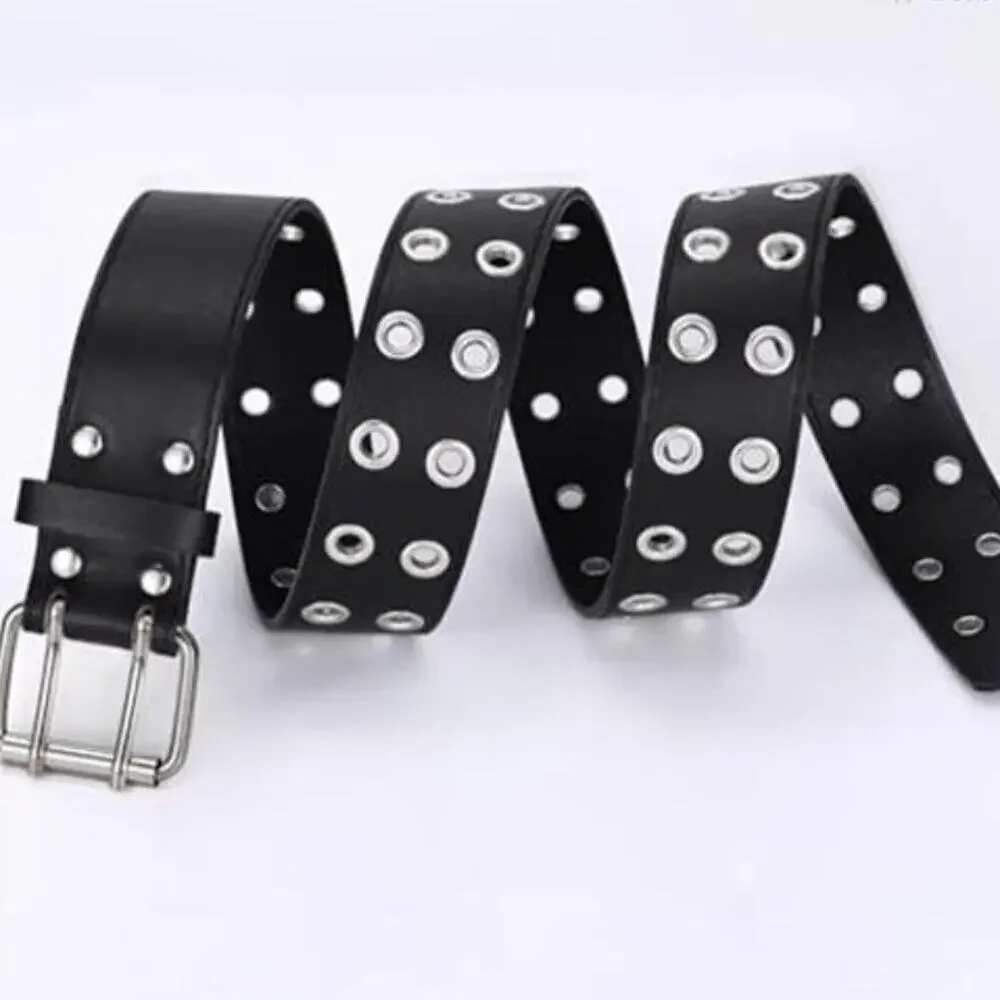 Double Grommet Punk Belt Black Vegan Leather Studded Belt for Women Men Jeans